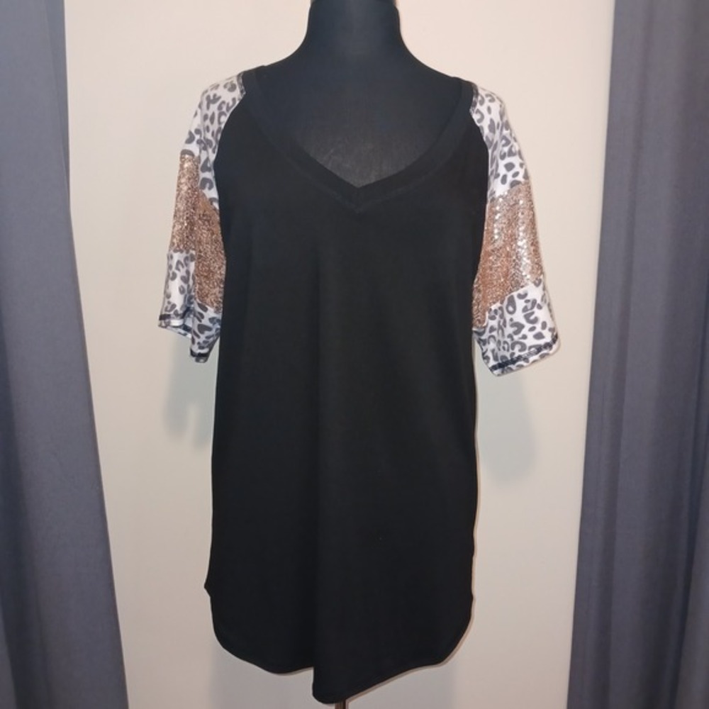 Y2K Black Bling Tshirt Tunic Top Leopard Print Rose Gold‎ Sequin XL